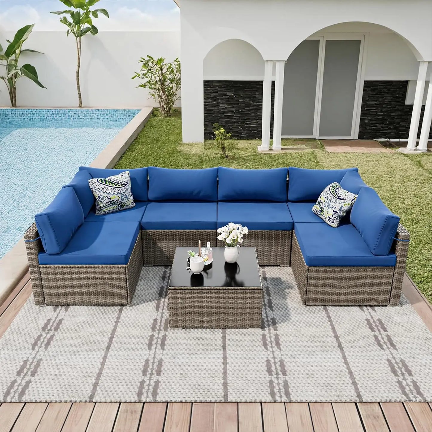 7 Pieces Patio Furniture Sets, Outdoor All-Weather Sectional Patio Sofa Set PE Rattan Manual Weaving Wicker Patio