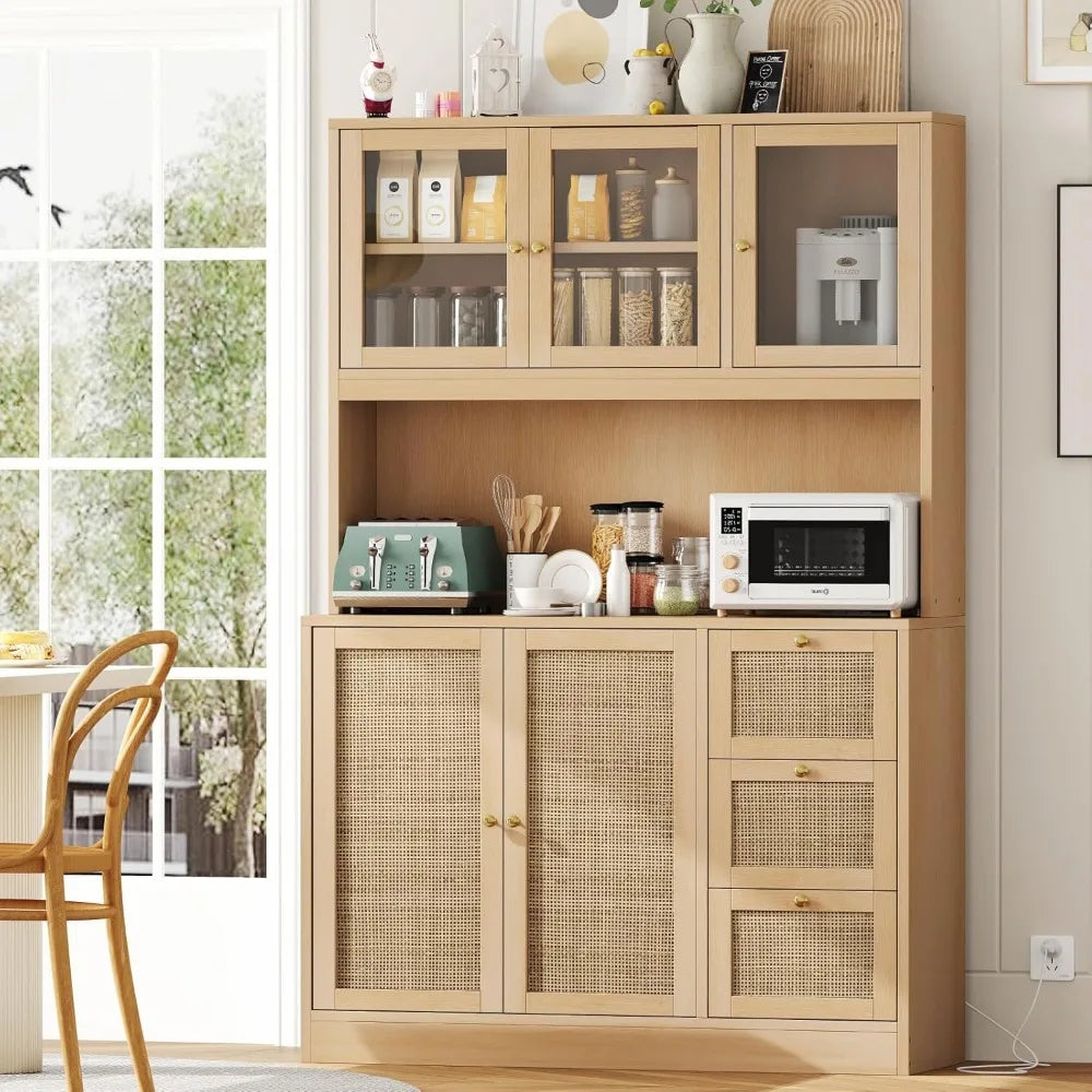 70.9''Kitchen Pantry Cabinet,Kitchen Hutch with Microwave Stand  Charging Station,Farmhouse Tall Storage Cabinet with Countertop