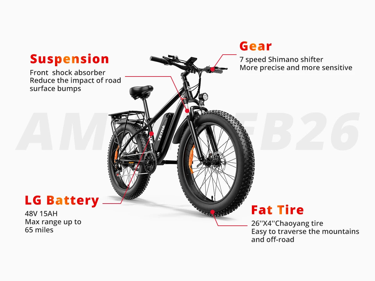 AMYET Electric Bike EB26 Adults Electric Bicycle Peak 1500W 48V 15AH e bike 26" Fat Tire Mountain Bike 31mph  Electric Dirt Bike