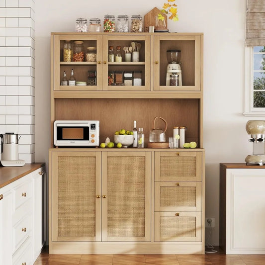 70.9''Kitchen Pantry Cabinet,Kitchen Hutch with Microwave Stand  Charging Station,Farmhouse Tall Storage Cabinet with Countertop