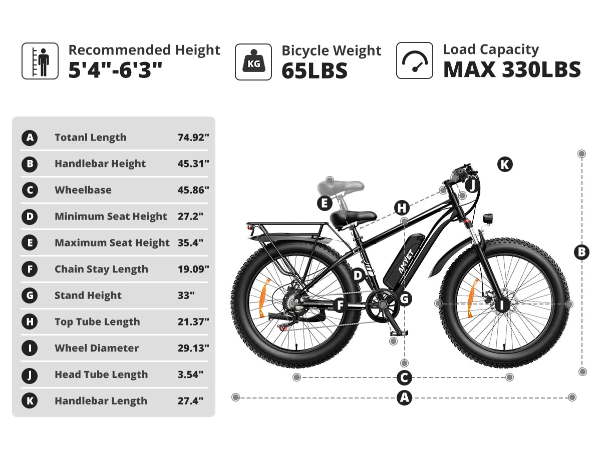 AMYET Electric Bike EB26 Adults Electric Bicycle Peak 1500W 48V 15AH e bike 26" Fat Tire Mountain Bike 31mph  Electric Dirt Bike