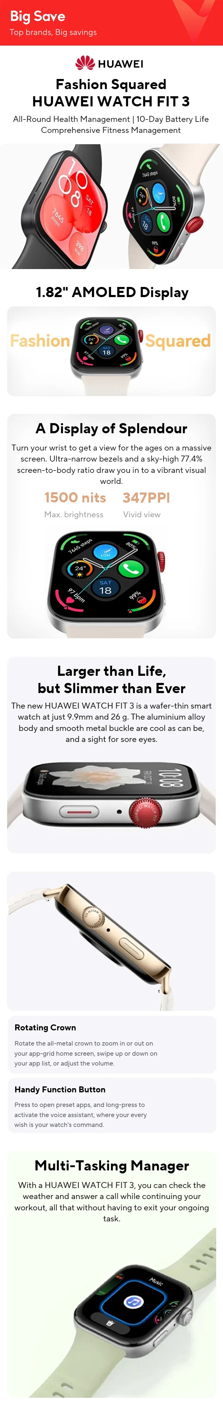 HUAWEI Watch Fit 3 Smartwatch 1.82'' AMOLED Display Ultra Slim Design Upgraded Health Management huawei watch fit 3 سوار