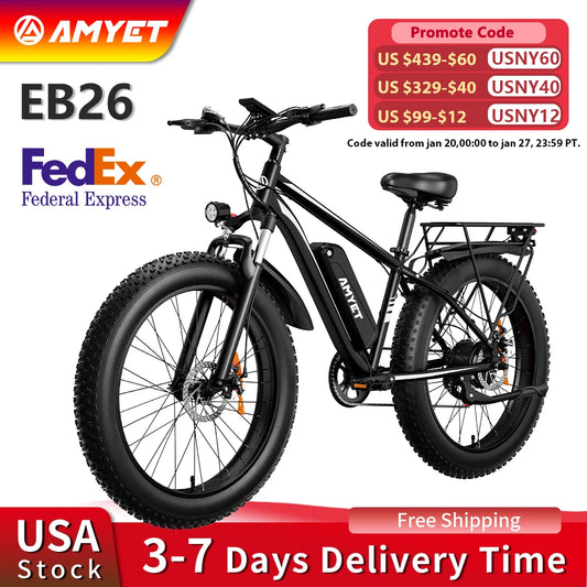 AMYET Electric Bike EB26 Adults Electric Bicycle Peak 1500W 48V 15AH e bike 26" Fat Tire Mountain Bike 31mph  Electric Dirt Bike