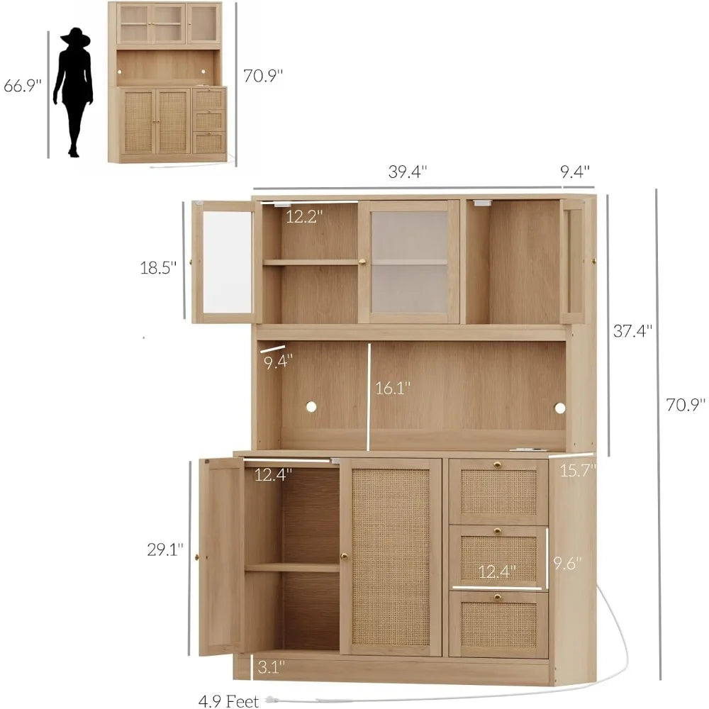 70.9''Kitchen Pantry Cabinet,Kitchen Hutch with Microwave Stand  Charging Station,Farmhouse Tall Storage Cabinet with Countertop