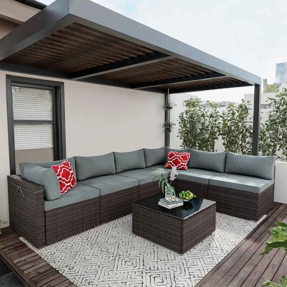 7 Pieces Patio Furniture Sets, Outdoor All-Weather Sectional Patio Sofa Set PE Rattan Manual Weaving Wicker Patio