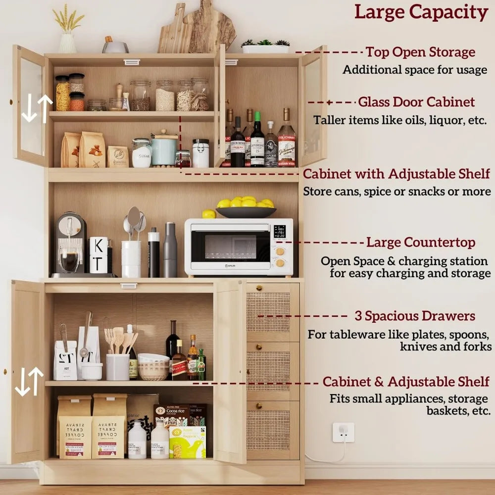 70.9''Kitchen Pantry Cabinet,Kitchen Hutch with Microwave Stand  Charging Station,Farmhouse Tall Storage Cabinet with Countertop